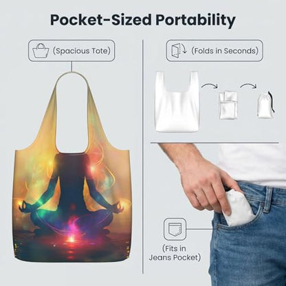 Yoga Meditation (5) For Foldable Shopping Bag, Washable Storage Tote For Work And Travel