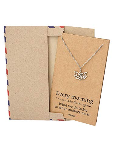 quan jewelry Yoga Lotus Flower Pendant Necklace with Om Symbol, Happy Birthday Gifts Ideas for Mom, Daughter, Women with Inspirational Quote on Gift Card - color: Silver-Tone