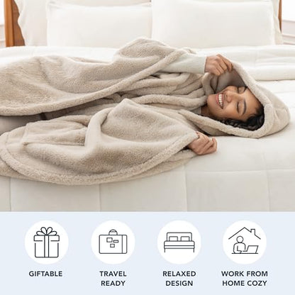 Berkshire Faux Fur Wearable Blanket, Cozy Reversible Loftmink Fleece Shawl with Hood & Side Pockets - color: Grain