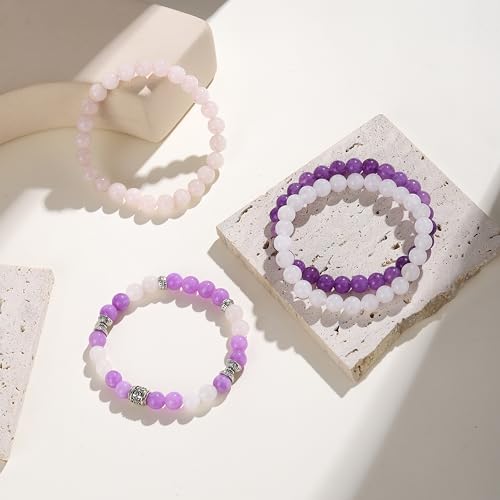 Fengling 4 PCS Beaded Crystal Bracelet for Women 8mm Natural Gemstones Handmade Bracelet for Girls Healing Stretch Bracelets Crystal Jewelry for Women Gifts - color: Lilac Jade &Natural Pink Crystal&Amethyst