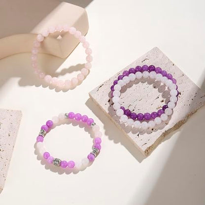 Fengling 4 PCS Beaded Crystal Bracelet for Women 8mm Natural Gemstones Handmade Bracelet for Girls Healing Stretch Bracelets Crystal Jewelry for Women Gifts - color: Lilac Jade &Natural Pink Crystal&Amethyst
