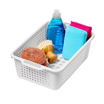 madesmart Small Storage Basket, Multipurpose Organizer with Soft-Grip Handles & Non-Slip Feet, Heavy-Duty Ventilated Design for Laundry, Bath & Kitchen, White, 12 x 8 x 4"