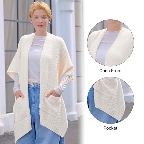 MissShorthair Knit Shawl Wraps for Women Boho Crochet Shawls Cape Open Front Cardigan - color: Ivory