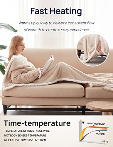 Westinghouse Electric Snuggle Throw Blankets with Foot Pocket, Wearable Heated Throw with Sleeves, 6 Heating Levels & 2 to 10 Hours Heating Time Settings, 50 * 70"+18", Beige - color: Beige&ivory, size: 70*50" Heated Snuggle Blanket