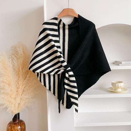 WaJuemy Pashmina Shawl Wraps for Women Cross Sweater Shawls and Wraps Cardigan Cape Front Poncho Knit Cashmere Sweater Shawl - color: 17 Black/White Half