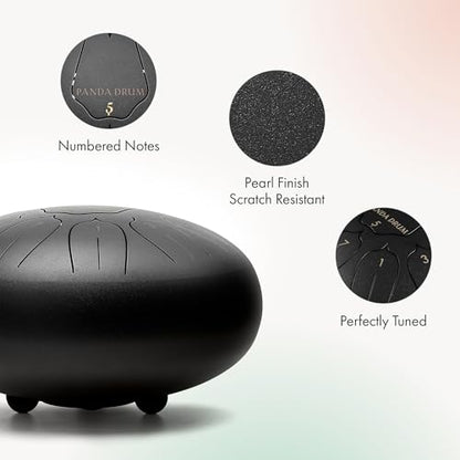 Panda Drum Plus (Black) | Steel Tongue Handpan with Music Book, Mallets, Carrying Bag & Finger Picks | 11 inch, 432 Hz | Rain Drum for Inside & Outside | Calming Musical Instrument for Adults & Kids - color: 3-Black