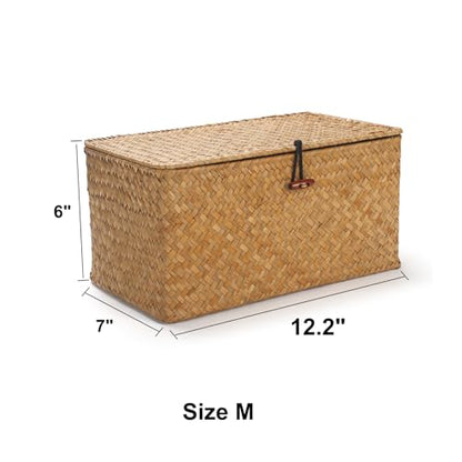 Rectangular Handwoven Seagrass Storage Basket with Lid for Shelves and Home Organizer Bin, (M (12"x7"x6"H), Natural) - size: M (12"x7"x6"H)