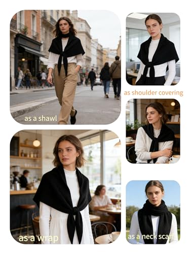 Women's Pashmina Shawls Wraps Soft Knitted Poncho Cardigan Cape Cashmere Feel Shoulder Top Sweater Triangle Scarf - color: Black