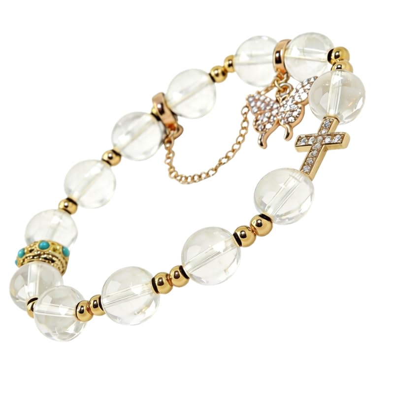 Natural Bead Bracelet 10mm Healing Crystal Bracelet for Women & Men Feng Shui Good Luck Meditation Buddhist Jewelry Handmade Stone Beaded Jewelry for Gift - color: Clear