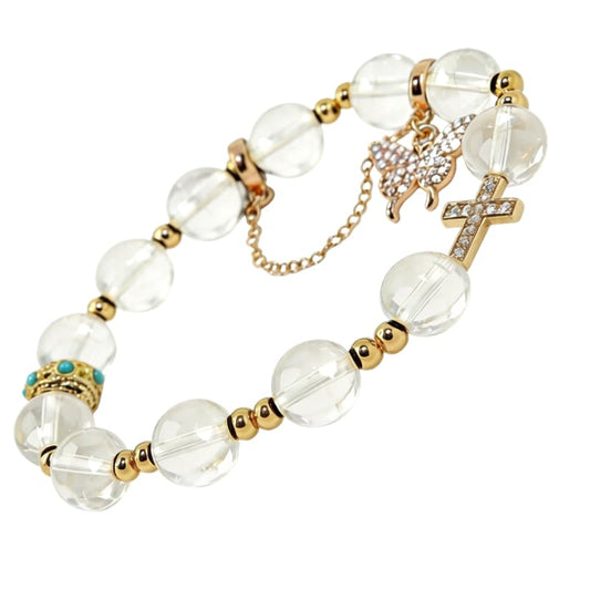 Natural Bead Bracelet 10mm Healing Crystal Bracelet for Women & Men Feng Shui Good Luck Meditation Buddhist Jewelry Handmade Stone Beaded Jewelry for Gift - color: Clear