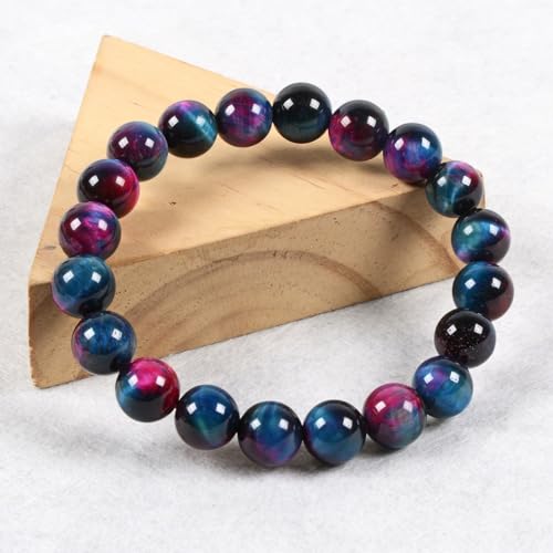 Justinstones Gem Semi Precious Gemstone 10mm Round Beads Stretch Bracelet 7 Inch Unisex - color: Dyed Rose Blue Green Tiger Eye