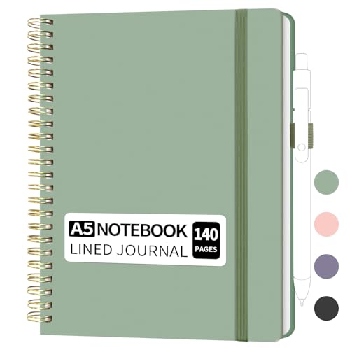 YOXMJDB Lined Spiral Notebook, Small A5 College Ruled Notebook with Pen Holder, 140 Pages Hardcover Notebook Journal for Women, To Do List Notebook for Work, Bible, and Meeting (A5, Green, No Pen) - color: A5, Green (No Pen)