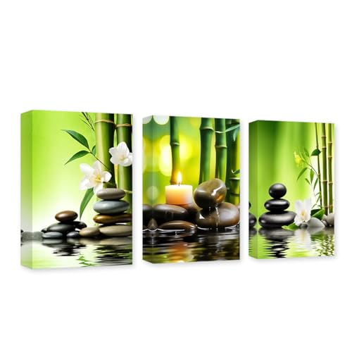CXHOSTENT 3 Panels Zen Canvas Wall Art Green Bamboo Zen Stone Candle Pictures Spa Painting Print Meditation Spirit Bathroom Decor Frame (Zen - 1, 20x28inchx3Pcs) - color: Zen - 1, size: 20x28inchx3Pcs