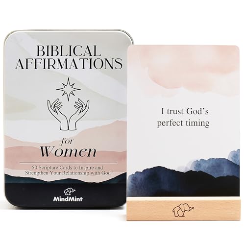 Scripture Cards with Bible Verses - 50 Daily Biblical Affirmation & Spiritual Prayer Cards - Religious & Christian Faith-Based Gifts for Women - Comes with Metal Box & Wooden Stand - color: Biblical Affirmations For Women