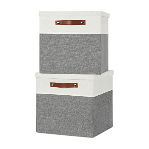 Temary Cube Storage Bins with Lids for Organizing Clothes, [2-Pack] Foldable Storage Boxes with Handles, Closet Storage Baskets for Living Room (White&Gray, 13x13x13inch) - color: White&Grey, size: 13×13×13