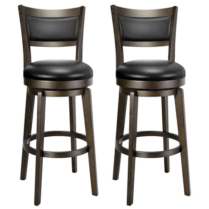 PrimeZone Swivel Bar Stools Set of 2, 30 Inch Bar Height Barstools, Black Faux Leather Bar Stool with High Backrest & Solid Wood Legs & Wrap-Around Footrest, Counter Stools for Kitchen Island, Pub - size: 30" Bar Height