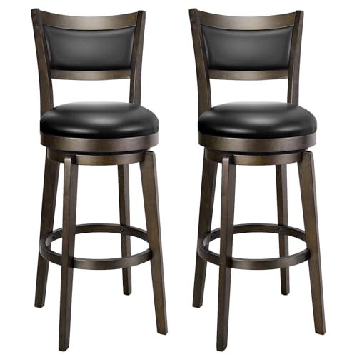 PrimeZone Swivel Bar Stools Set of 2, 30 Inch Bar Height Barstools, Black Faux Leather Bar Stool with High Backrest & Solid Wood Legs & Wrap-Around Footrest, Counter Stools for Kitchen Island, Pub - size: 30" Bar Height
