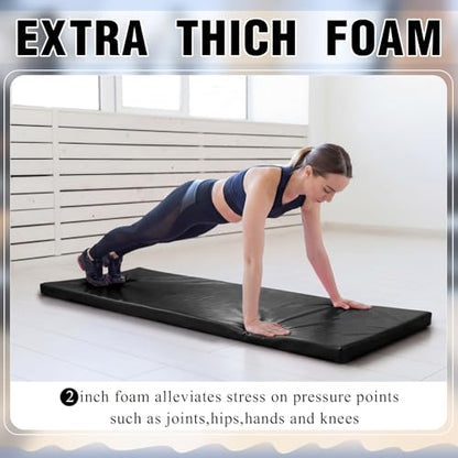 Lyrow 2 Inch 72"x24" Thick Foldable Yoga Mat with Carry Strap, Non-slip Portable Foam Gym Mat for Yoga, Pilates and Stretching - color: Black