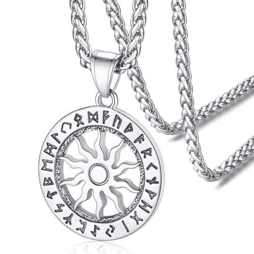 FaithHeart Norse Viking Rune Necklace with Adjustable Braided Leather/Stainless Steel Rope Chains for Men Women, Vintage Amulet Jewelry Gift with Delicate Box - color: 06. Sun Runes Circle-Silver
