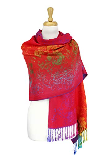 PASKMLNA Double Side Multi Colors Silky Tropical Colorful Exotic Pashmina Wrap Shawl Scarf Rave - color: 051-red Multi Feathers