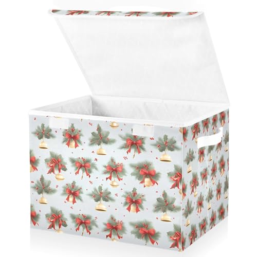 senya Large Storage Bins with Linen Christmas Bell Bow Tie Collapsible Foldable Storage Cubes Fabric Closet Organizer Containers Box with Flip-Top Lid for Home Bedroom Office 16.7 x 12.6 x 11.8in - color: Linen-christmas Bell Bow Tie