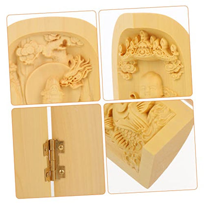 Happyyami Wood Buddha Statue Figurine Handcrafted Huangyang Wood 3-Compartment Box Home Decor for Meditation and Zen Spaces