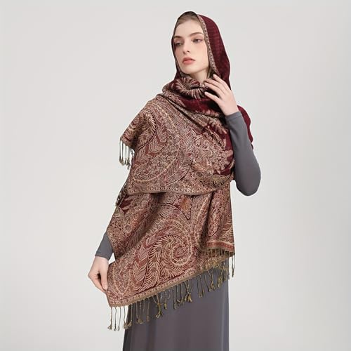 Silky Paisley Pashmina Shawl Scarf-Women's Soft Double-side Jacquard Pashminas Wrap for Evening Dress Travel Shawl - color: C-burgundy Balsam