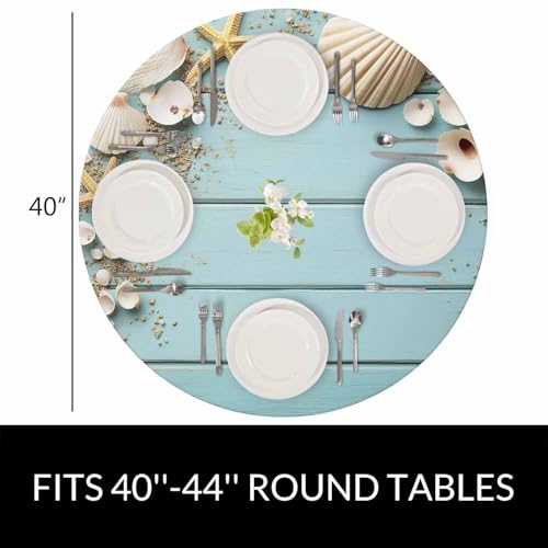 Seashells Round Table Cloth Wooden Nautical Starfish Elastic Edged Table Cover Fade and Stain Resistant Table Cloths Easy to Clean Fits Tables 40-44" Diameter - color: Seashells