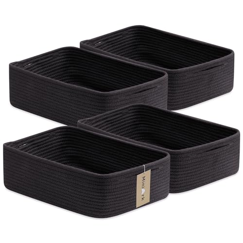 MiniArk Large Shallow Organizing Baskets 15x11x5.1 Inches - Rope Woven Storage Bins for Bathroom, Shelves, Cube Closet, Black 4 Packs - color: Black, size: 4pcs-L15×W11×H5.1"