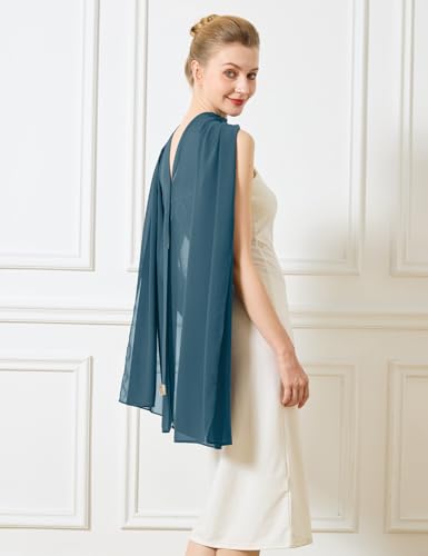 Chiffon Cape Shawl Wrap Scarf 3 Ways to Wear Elegant Sheer Capelet for Evening Dresses Weddings Parties - color: Ink Blue