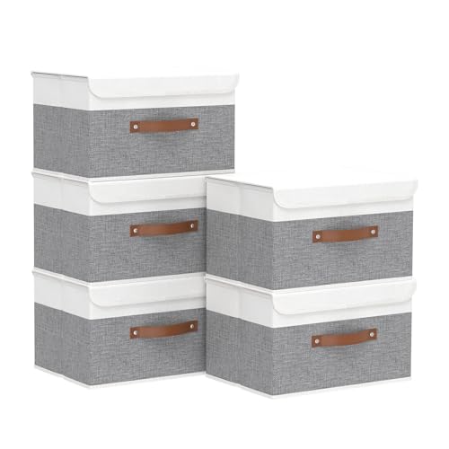 Yawinhe Collapsible Storage Bin, Cube Organizer Basket, Fabric Box with Lids, Washable and Leather Handle, for Home, Closet, White/Grey, 13.0''Lx9.0''Wx7.9''H, 5-Pack, SNK024WGS-5 - color: White/Grey, size: M/(5 Pack)