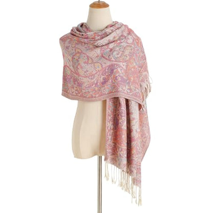 Paisley Pashmina Rave Shawl Scarf-Women's Reversible Ethnic Jacquard Pashmina Wraps for Travel - color: A#. Pink+khika
