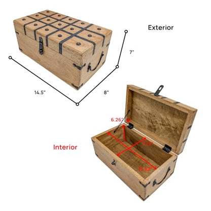 Handmade Pirate Treasure Chest - Rustic Decorative Jewelry - Wooden Storage Box with Iron Lock & Skeleton Key (XL 14.5 x 8 x 7) - size: XL 14.5 x 8 x 7