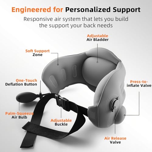 Inflatable Back Support Pillow for Travel – Foldable Travel Back Pillow for Airplane, Office, Car, Home – Adjustable Belt & Hand-Press Inflation, Compact & Lightweight