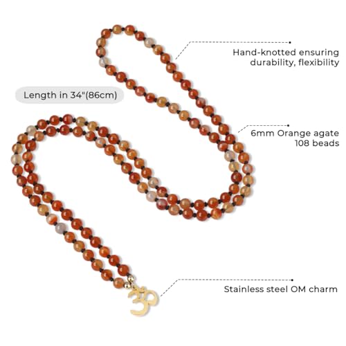 COAI Handmade 108 Mala Beads Necklace, Stainless Steel OM Charm Beaded Necklace for Women