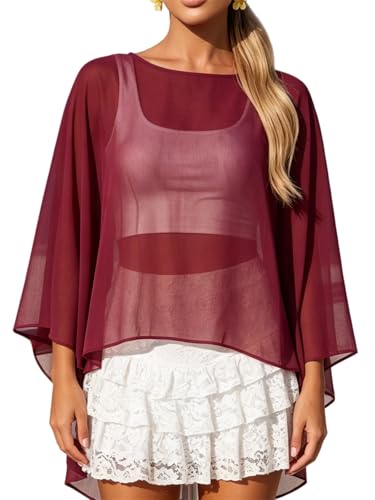 Women Chiffon Cape Shawls and Warps for Evening Dress Wedding Sheer Mesh Flowy Capelets Top - color: A-burgundy, size: X-Large
