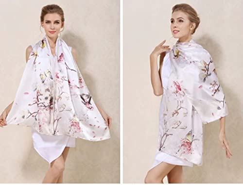 100% Mulberry Silk Long Scarf for Women Large Shawls for Headscarf and Neck- Oblong Hair Wraps with Gift Packed - color: Beige-flower&birds