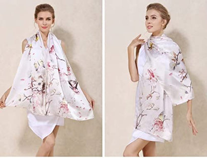 100% Mulberry Silk Long Scarf for Women Large Shawls for Headscarf and Neck- Oblong Hair Wraps with Gift Packed - color: Beige-flower&birds