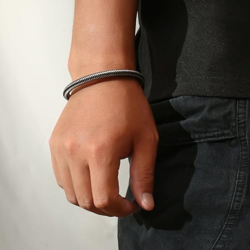 Men's Leather Bracelet, Stackable Stainless Steel Clasp Bracelets for Men Stylish Birthday, Thanksgiving, Valentine's Day Gift for My Man - style: 8.2" Silver and Black Cord