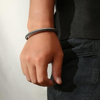 Men's Leather Bracelet, Stackable Stainless Steel Clasp Bracelets for Men Stylish Birthday, Thanksgiving, Valentine's Day Gift for My Man - style: 8.2" Silver and Black Cord