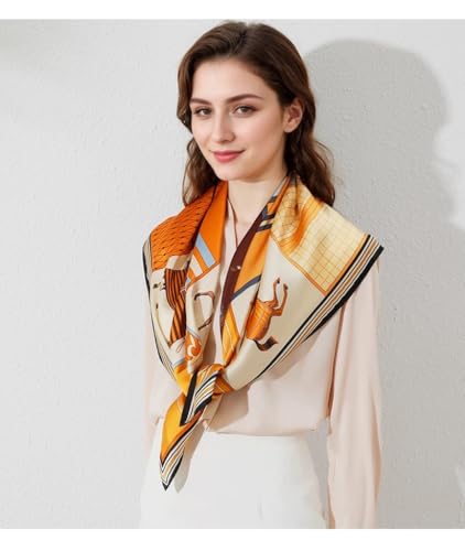 ANDANTINO 100% Pure Mulberry Silk Scarf 35" Large Square Lightweight Headscarf –Women’s Hair Wraps-With Gift Packed - color: Blue&brown Horses