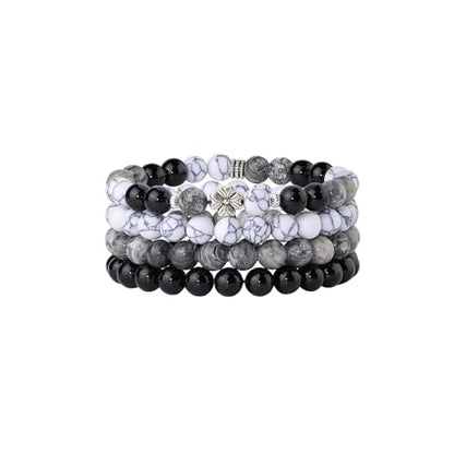 Fengling 4 PCS Beaded Crystal Bracelet for Women 8mm Natural Gemstones Handmade Bracelet for Girls Healing Stretch Bracelets Crystal Jewelry for Women Gifts - color: Map stone&Black pure obsidian &White turquoise