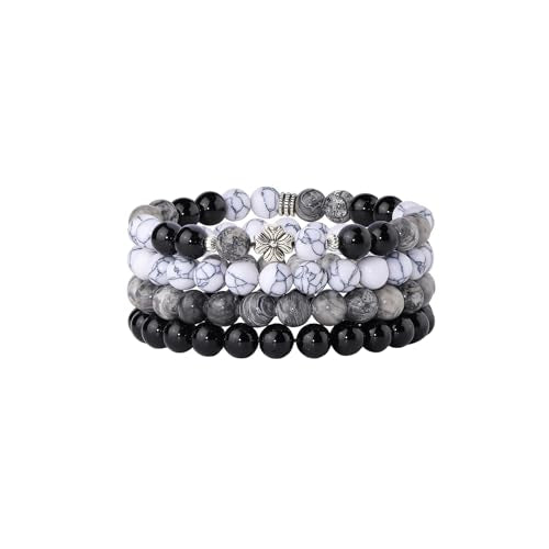 Fengling 4 PCS Beaded Crystal Bracelet for Women 8mm Natural Gemstones Handmade Bracelet for Girls Healing Stretch Bracelets Crystal Jewelry for Women Gifts - color: Map stone&Black pure obsidian &White turquoise
