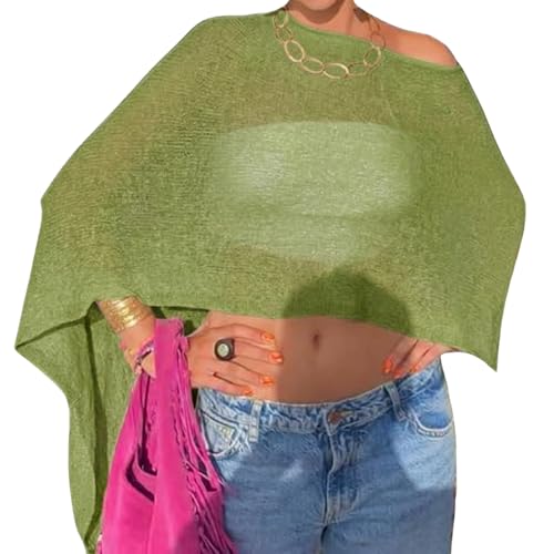 Women Sheer Poncho Top Knit Crochet Lightweight See Through Shawl Summer Shrug Beach Cover Up - color: A1 Grass Green