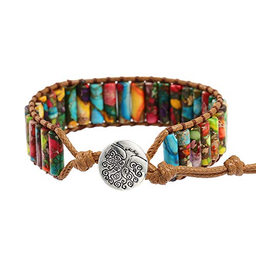 Women Boho Handmade Natural Stone Crystal Leather Bead Wrap Bracelets Collection - style: Colorful Jasper 1W