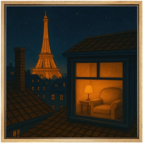 SIGNWIN Framed Canvas Print Wall Art Cozy Paris Rooftop View with Eiffel Tower Romantic Night Illustrations Fine Art Farmhouse/Country for Living Room, Bedroom, Office - 16"x16" NATURAL - color: BS18-2507-SAR09, size: 16L" x 16W"