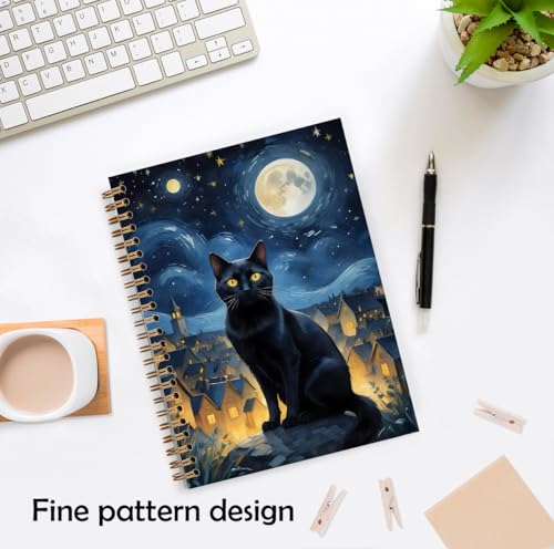 Starry Night Black Cat Notebook, Black Cat Lover Gifts Journal, Mystical Celestial Witchy Journal, Whimsical Moon Star Sky Kitten Hardcover Spiral Notebooks, 5.5x8.3 Inch - color: Color_3