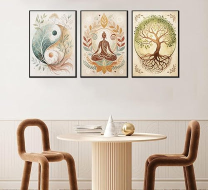 3 Pcs Tree of Life Canvas Wall Art Lotus Zen Painting Pictures Wall Decor Yin Yang Taichi Spiritual Prints Posters for Living Room Yoga Room Hotel Bedroom Home Decor 12x16in Unframed - size: 16L"×12W" poster