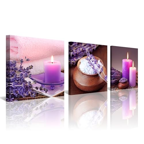 NAN Wind Zen Canvas Wall Art Spa Still Life With Purple Aromatherapy Candles And Zen Stone Aroma Lavender Flower Painting Pictures Print on Canvas Ready to Hang for Bathroom Decoration - color: aromatherapy, size: 12X12inchX3pcs