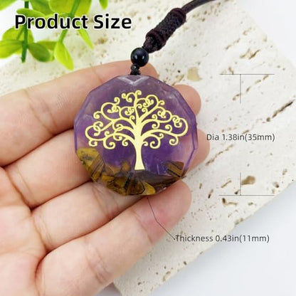 EDEN'S CALL Orgone Necklace, Tree of Life Orgonite Healing Crystal Stone Pendant Necklace for Spiritual Healing and Meditation Energy Talisman Sacred Geometry Tiger's Eye Necklaces - color: Purple/Amethyst + Tiger's Eye